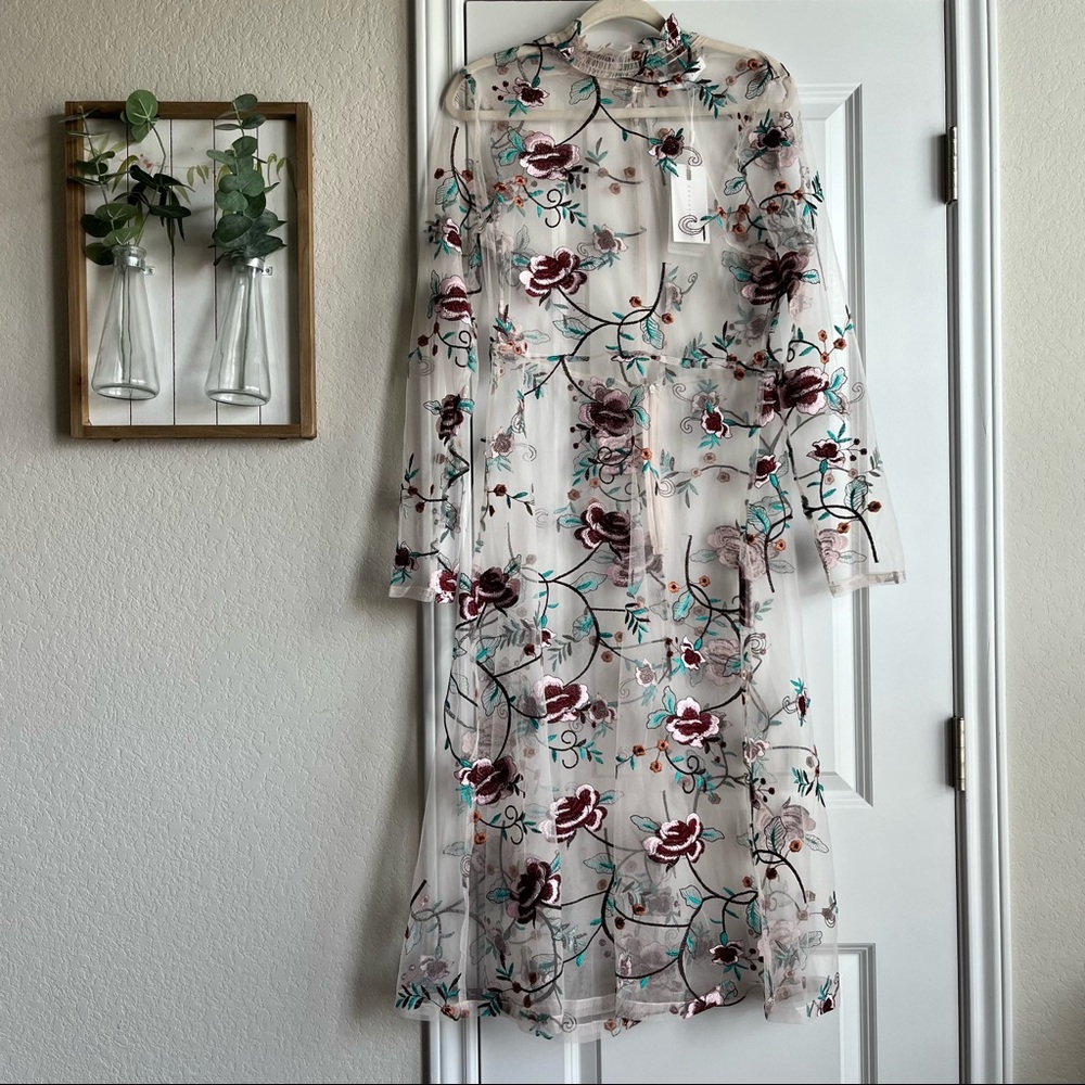 Endless Rose sheer embroidered floral midi mockneck long sleeve dress
